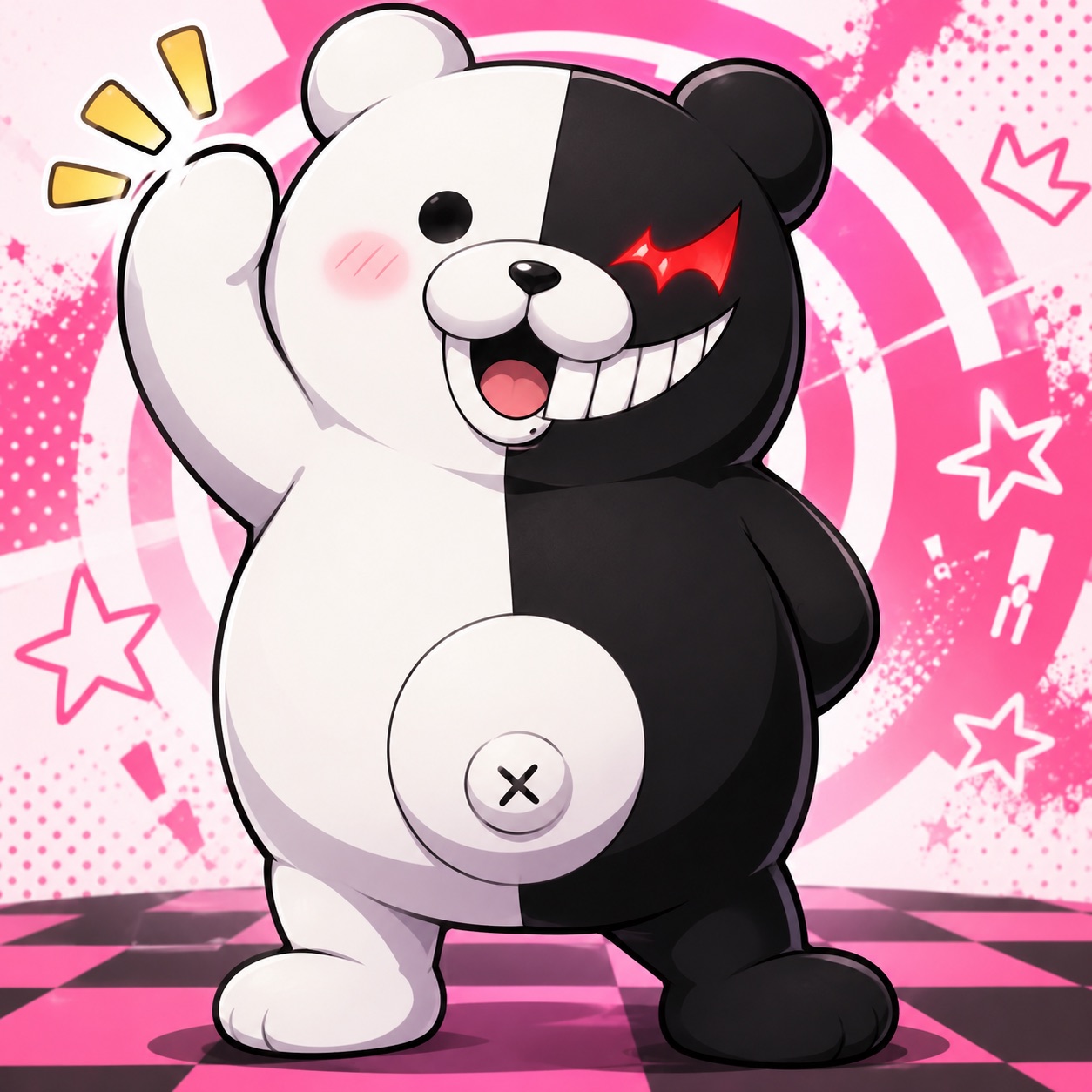 A half-white, half-black cartoon bear waving on a pink checkered stage